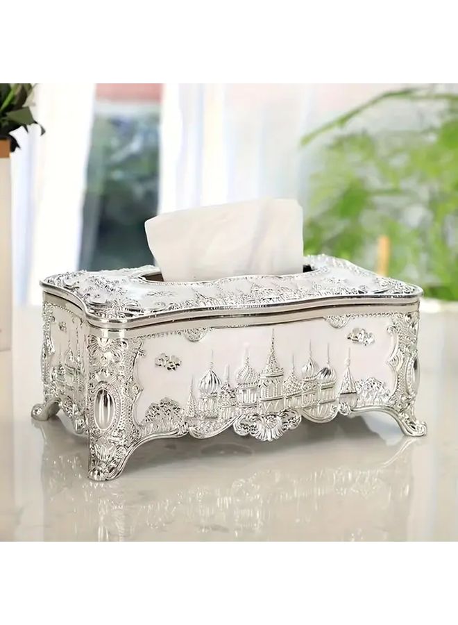Silvery White European Castle Tissue Box Desktop Decorative Napkin Holder - Image 1